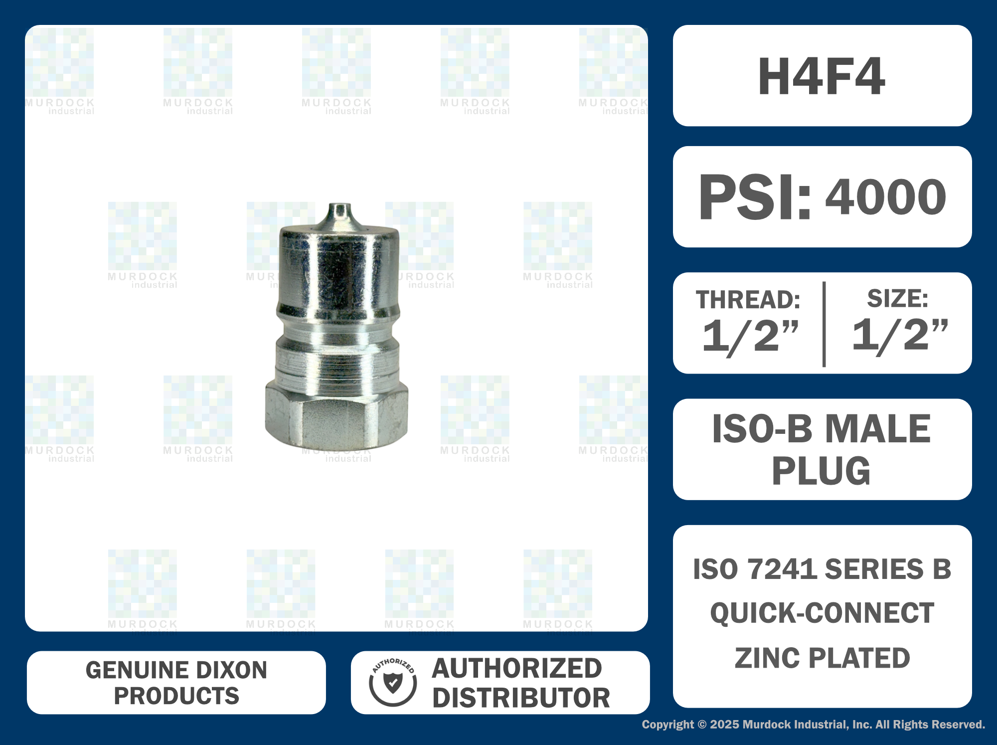 H4F4 by Dixon Valve | Hydraulic Quick Disconnect Coupling | H-Series | 1/2" Female NPTF x 1/2" ISO-B Interchange | Plug | Steel