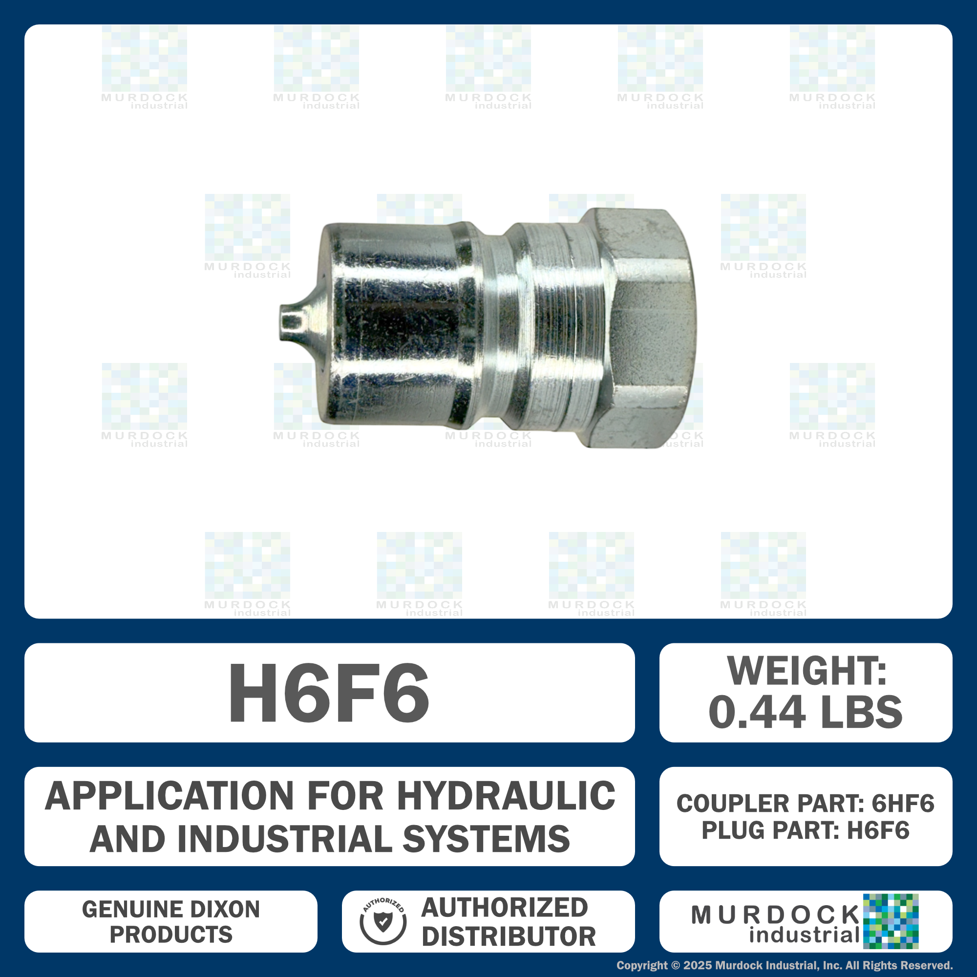 H6F6 by Dixon Valve | Hydraulic Quick Disconnect Coupling | H-Series | 3/4" Female NPTF x 3/4" ISO-B Interchange | Plug | Steel