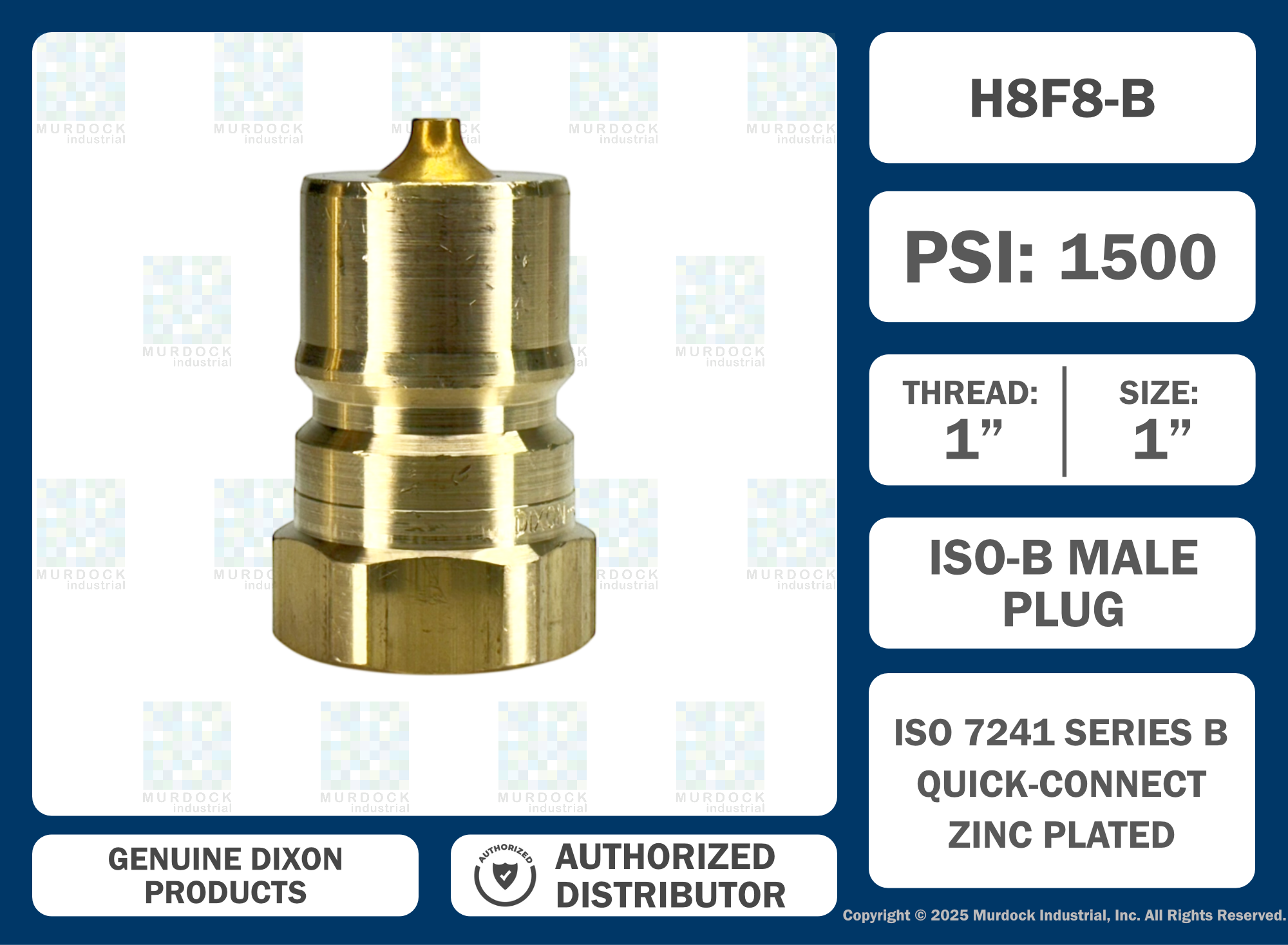 H8F8-B by Dixon Valve | Hydraulic Quick Disconnect Coupling | H-Series | 1" Female NPTF x 1" ISO-B Interchange | Plug | Brass