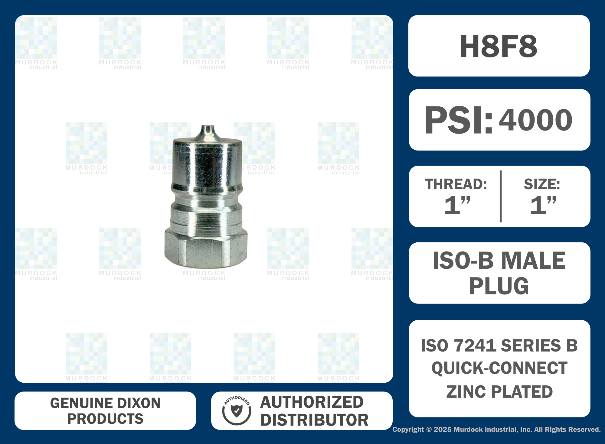 H8F8 by Dixon Valve | Hydraulic Quick Disconnect Coupling | H-Series | 1" Female NPTF x 1" ISO-B Interchange | Plug | Steel