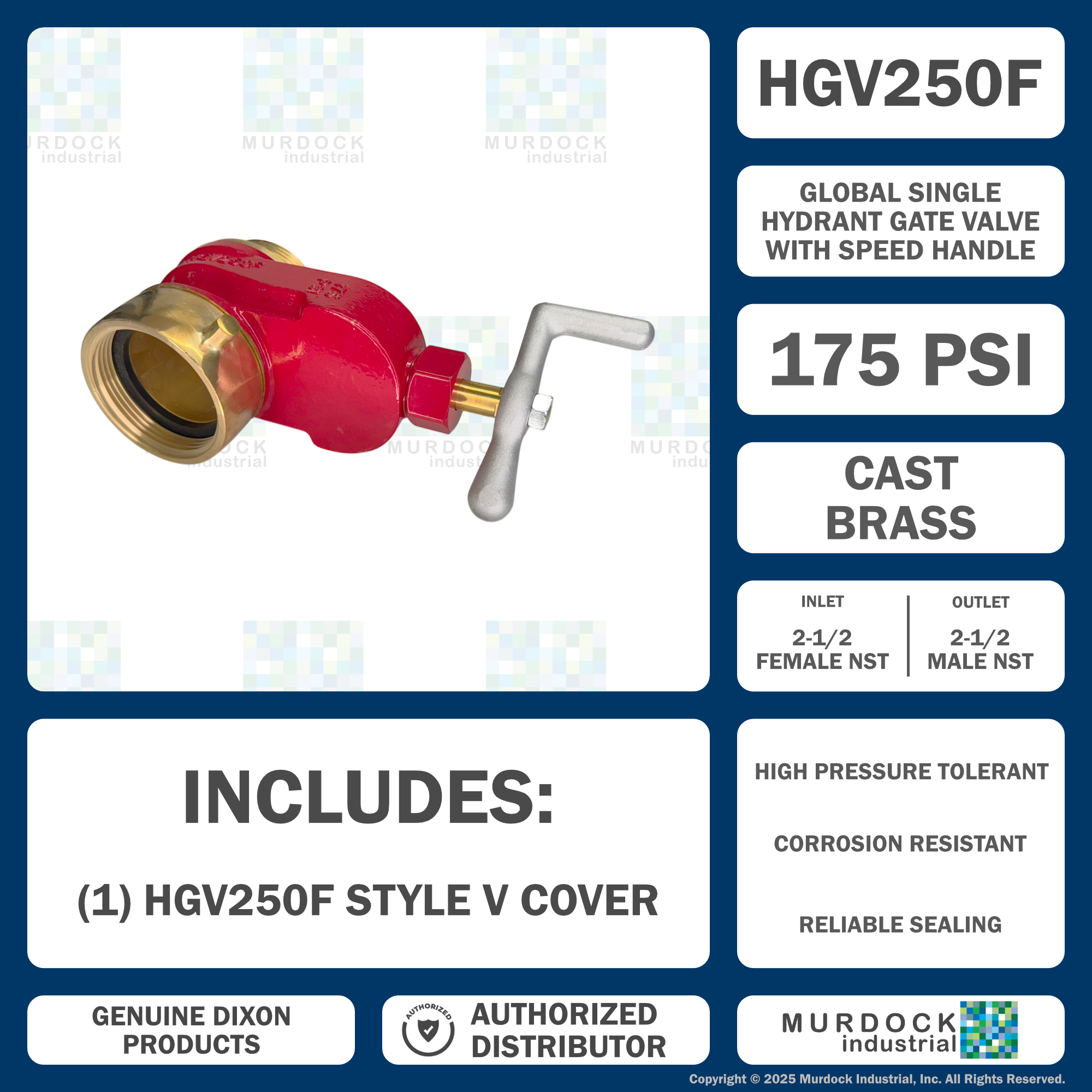HGV250F Dixon Brass Single Hydrant Gate Valve - 2-1/2" Female NST(NH) x 2-1/2" Male NST(NH)