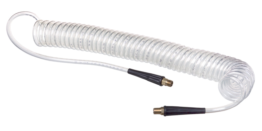 HSC2840-06X15 Kuri-Tec by Kuriyama | HSC2840 Series | Self-Store Coiled Tubing Assembly for Air Tool Service | Ether-Based Polyurethane | 3/8" ID | .570" OD | 3/8" x 1/4" Male NPT | Blue Tint | 15ft Length