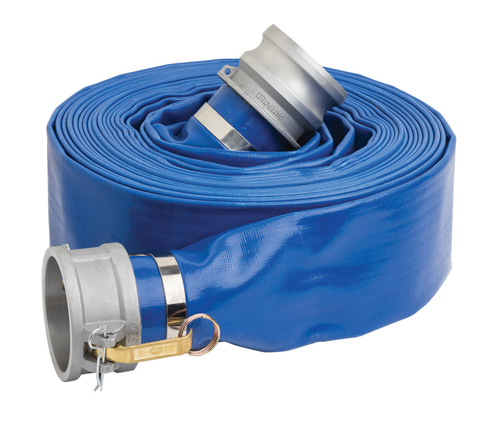 LF150ACEX50 by Kuriyama | LF-ACE Series | Layflat Hose Assembly | PVC | 1-1/2" Size | Blue | Male x Female Camlock Couplings | Aluminum | 50ft Length