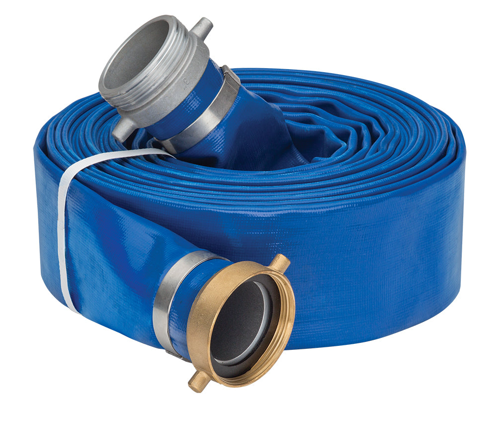 LF300APLX50 by Kuriyama | LF-APL Series | Layflat Hose Assembly | PVC | 3" Size | Blue | Male x Female Pin Lug Couplings | Aluminum | 50ft Length