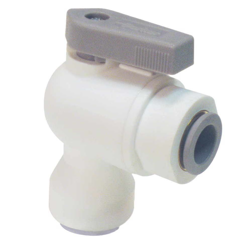 LFPP8MVEU8M by Parker | LIQUIfit® Ball Valve | 8 mm Push-to-Connect x 8 mm Push-to-Connect | .56" Length | .41" Width | 90° Elbow | Polypropylene