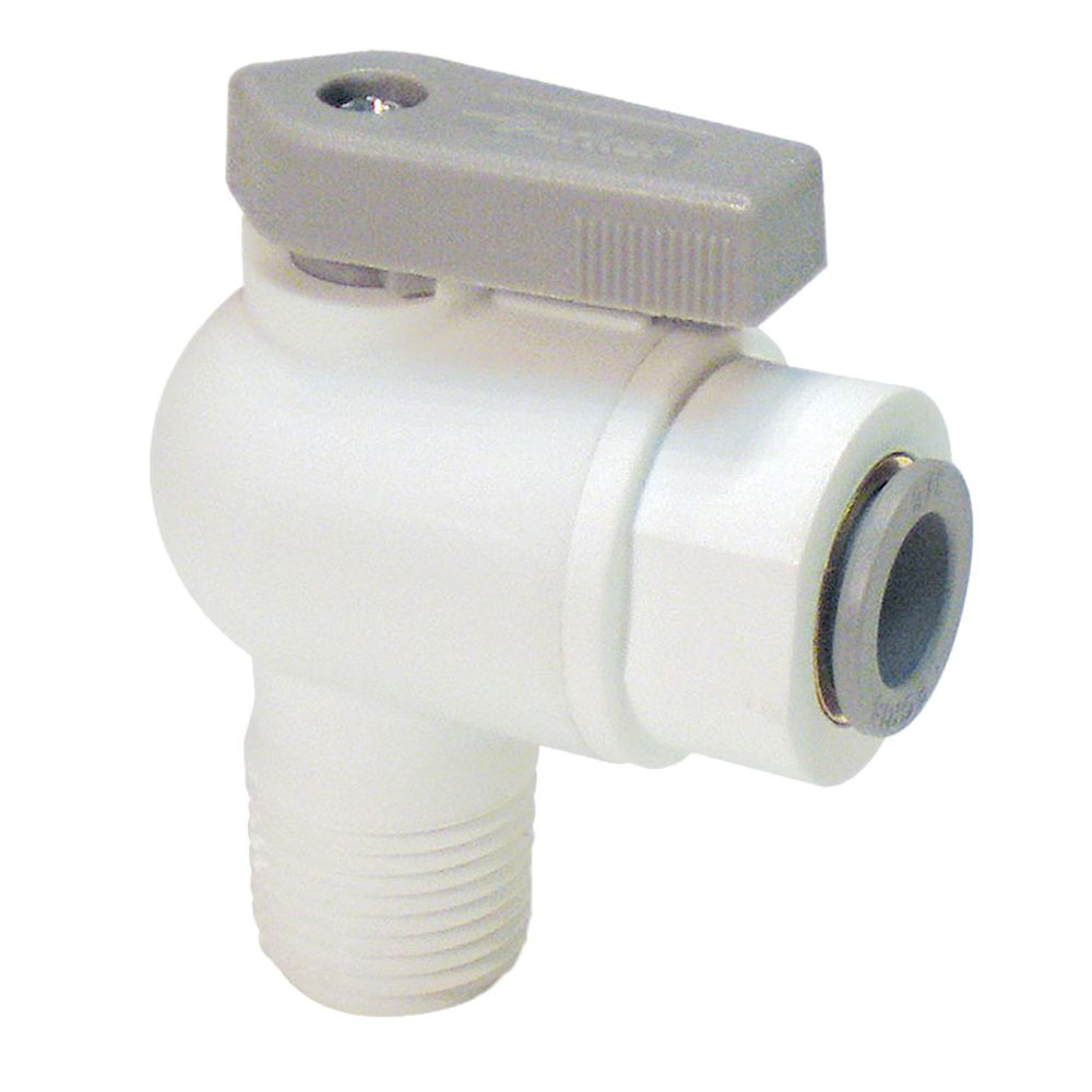 LFPP8VME8 by Parker | LIQUIfit® Ball Valve | 1/2" Ball Valve x 1/2" Male NPT Thread | 2.73" Length | 2.38" Width | 90° Elbow | Polypropylene
