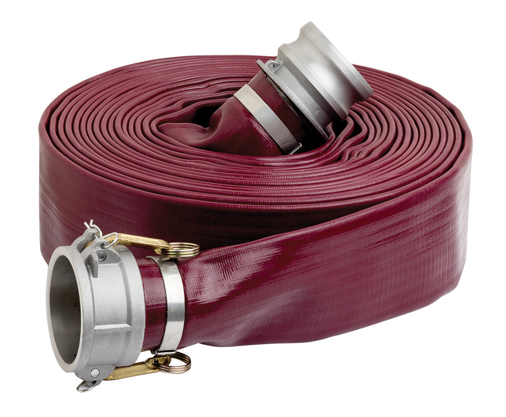 LFR400ACEX50 by Kuriyama | LFR-ACE Series | Layflat Hose Assembly | PVC | 4" Size | Red | Male x Female Camlock Couplings | Aluminum | 50ft Length
