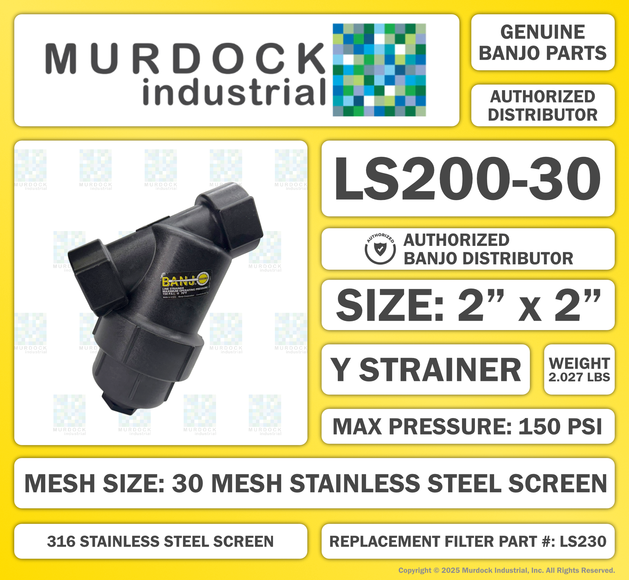 LS200-30 by Banjo | Line Y Strainer | 2" x 2" Female NPT with 30 Mesh Stainless Steel Screen | 150 PSI | Polypropylene
