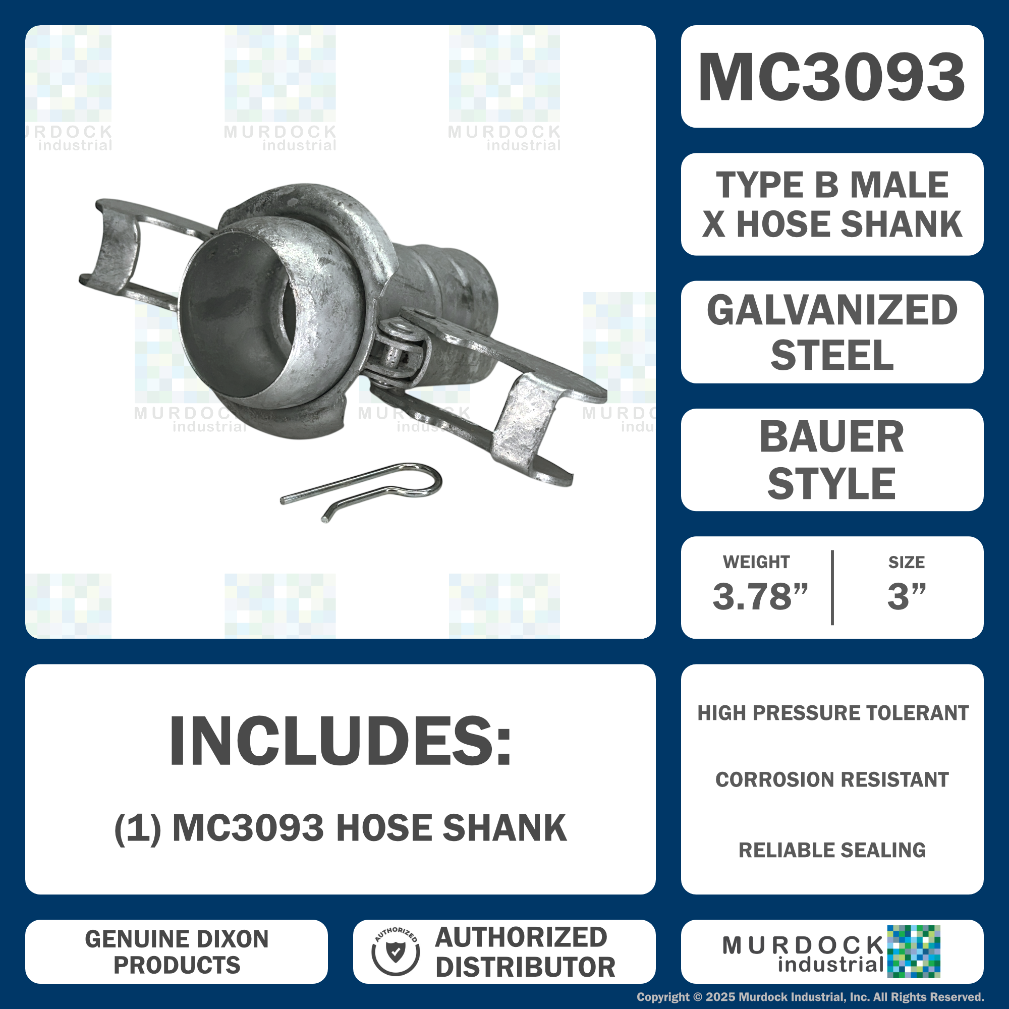 MC3093 by Dixon Valve | Type B (Bauer Style) Quick Connect Fitting | 3" Size | Male with Hose Barb | Galvanized Steel