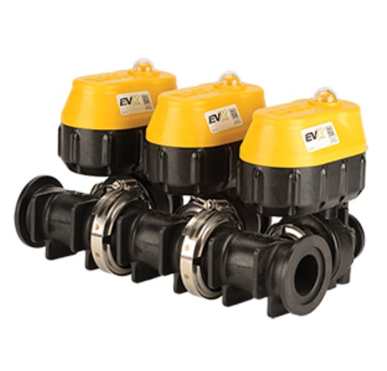 MEVX103 by Banjo | Manifold Flange Connection | MEVX On/Off Welded 3 Bank Electric Valve | Full Port | 1" Pipe Size | 1" Opening Thru Ball | FKM Seals | Polypropylene