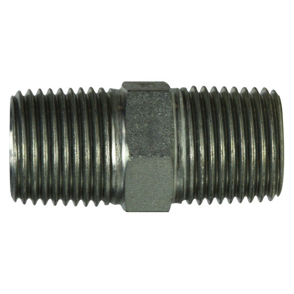 9000-06-04 by Midland | Hydraulic Adapter | Hex Nipple | 3/8" Male BSPT x 1/4" Male BSPT | Steel
