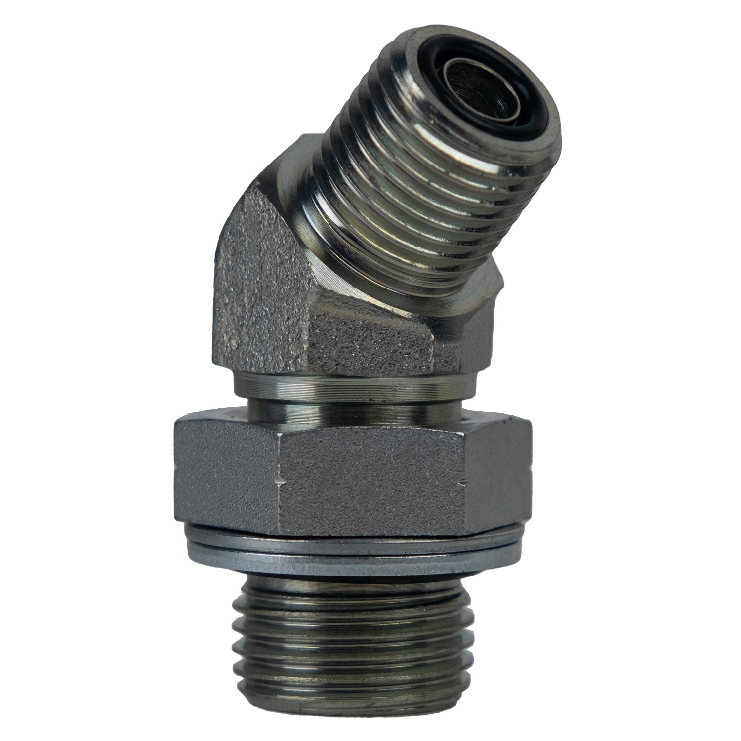 FS7102-06-06-NWO by Midland | Hydraulic Adapter | 45° Elbow | 3/8" Male O-Ring Face Seal x 3/8" Male BSPP | Steel