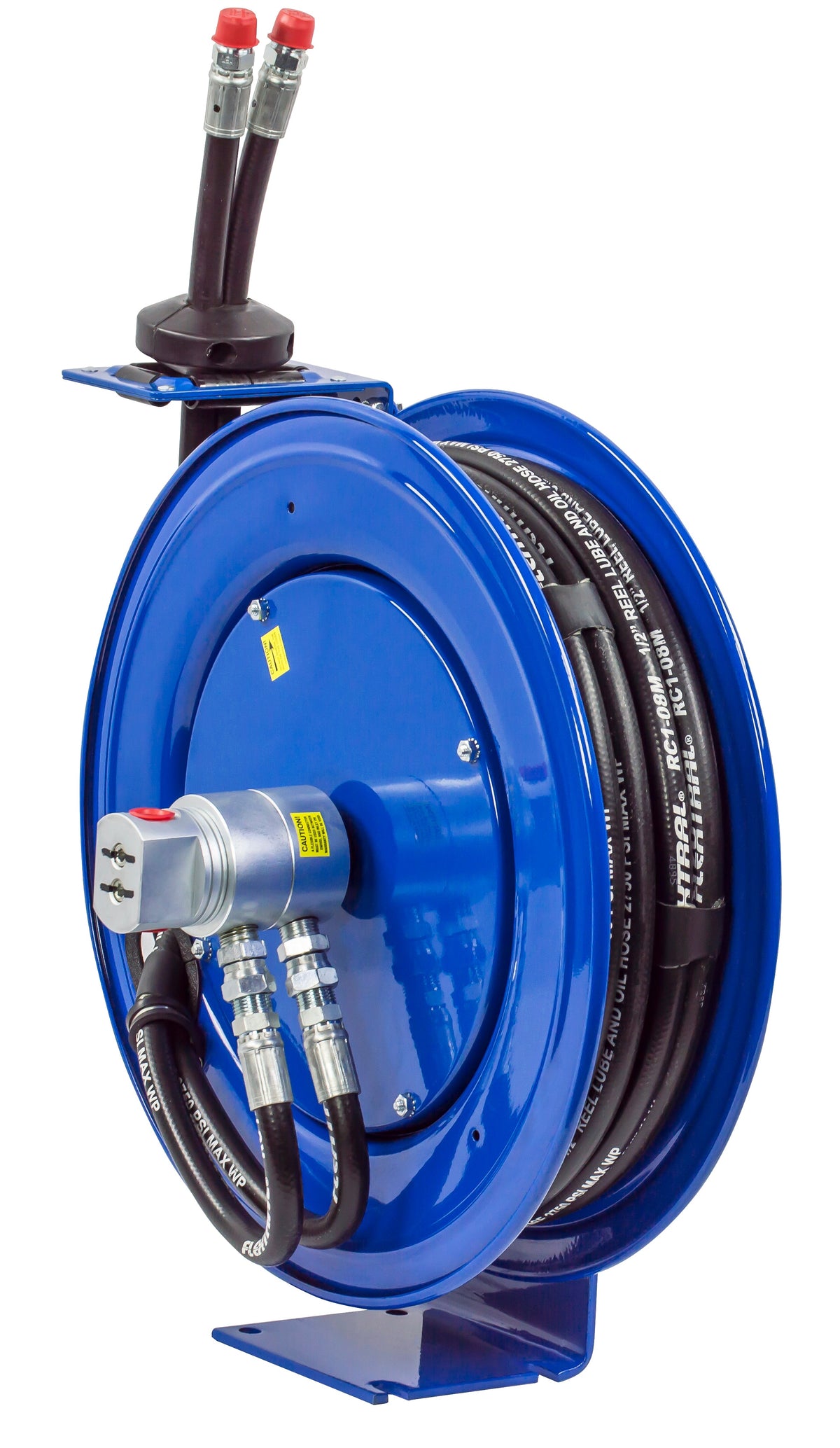 MPD-N-430 by Coxreels | MPD Series | 2,500 PSI Dual Hose Spring Driven Hose Reel for Hydraulic Oil | 1/2" Hose ID, 3/8" FNPT Inlet x 3/8" MNPT Hose End | Steel | 30ft Synthetic Rubber Hose Included