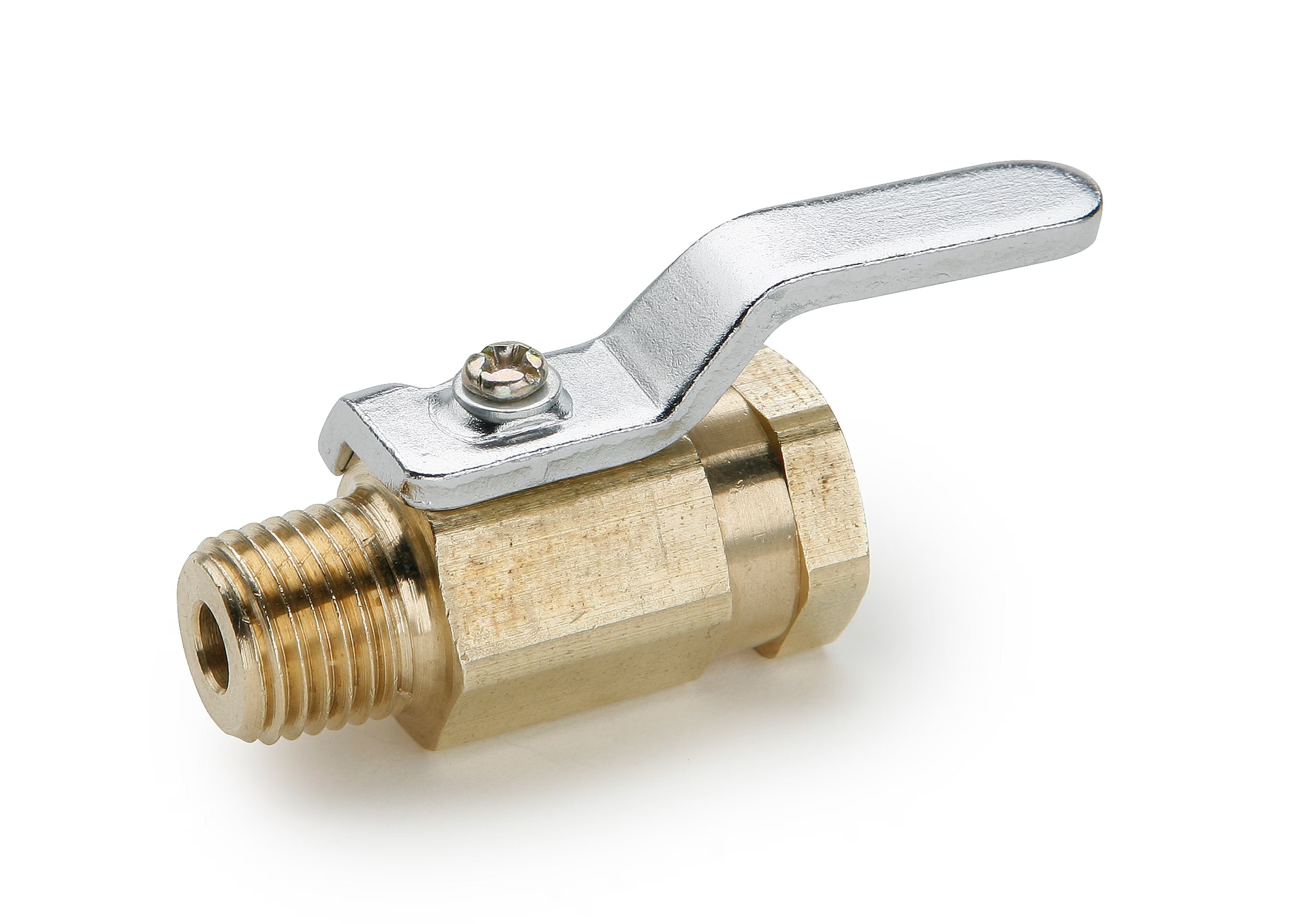 MV708-2 by Parker | Ball Valve | 1/8" Male-Female Pipe Thread | 9/16" Hex (B) | 2.11" Length | Straight | Brass | Pack of 10