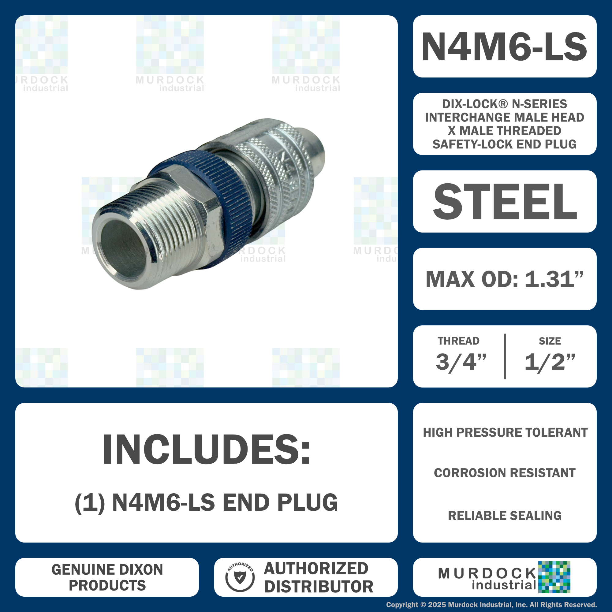 N4M6-LS by Dixon Valve | Pneumatic Quick Disconnect Coupling | Dix-Lock® N-Series | 3/4" Male NPTF x 1/2" Body Size | Plug with Locking Sleeve | Steel