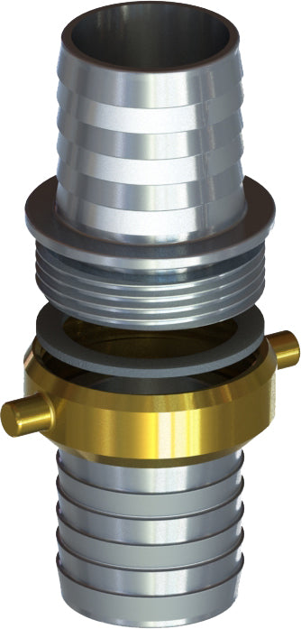 NSTA-150 by Campbell Fittings | Import Suction Hose Coupling (NST Thread) | Complete Set | 1-1/2" Male NST Thread x 1-1/2" Female NST Thread x 1-1/2" Hose Barb | Nut: Brass | Aluminum Shank