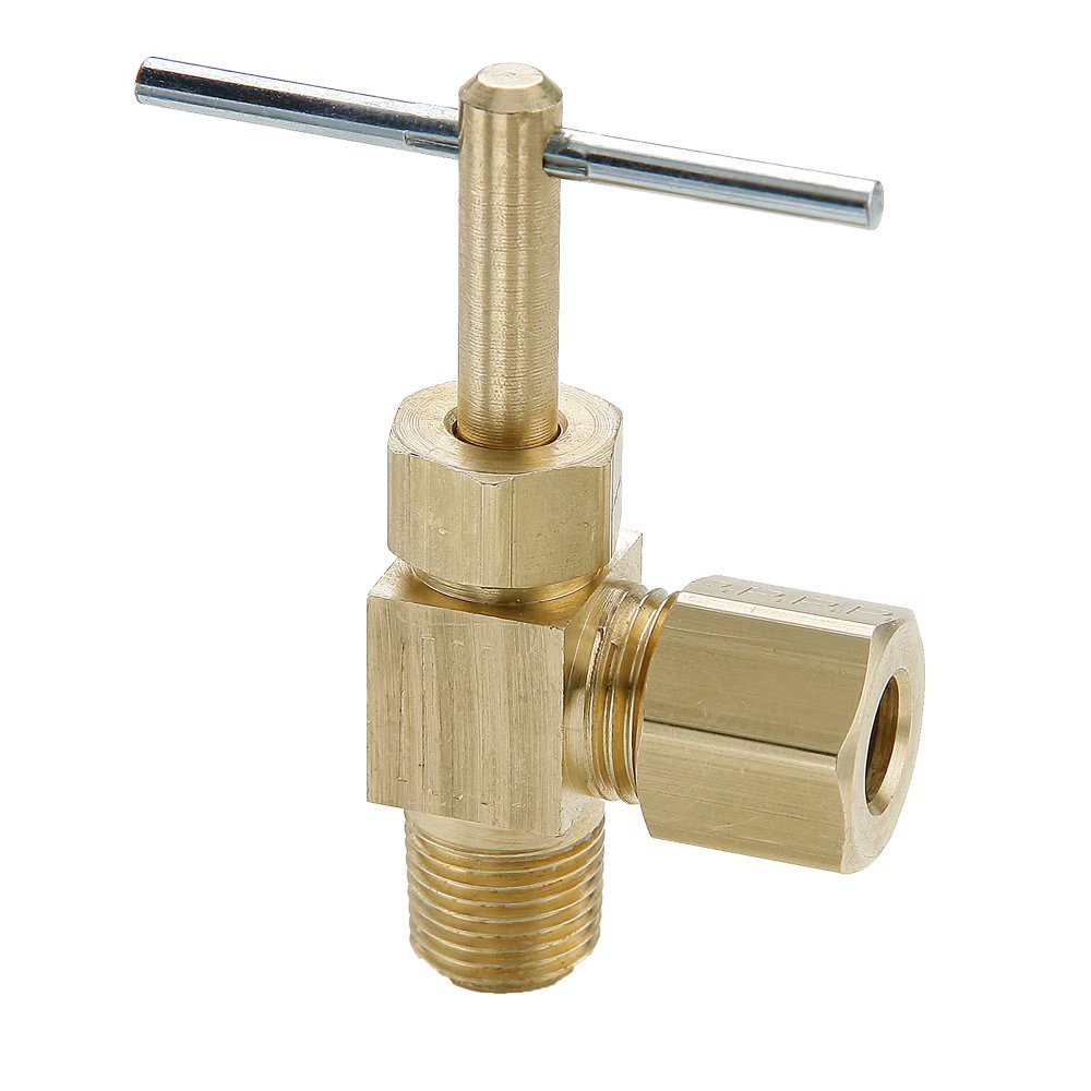 NV104C-4-4 by Parker | Angle Needle Valve | 1/4" Tube Size x 1/4" Male Pipe Thread | 1.80" Length | 90° Elbow | Brass | Pack of 10