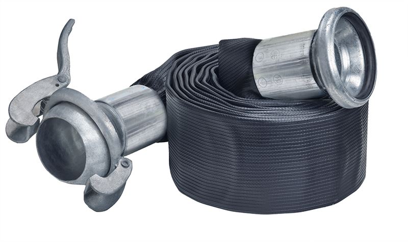 OF10ASL800X50 OROFLEX® 10 by Kuriyama | OF10ASL Series | Rubber Discharge Layflat Hose Assembly | Male x Female Sphere Lock™ Type B Ball & Socket Couplings | 8" Size | Black | 50ft Length