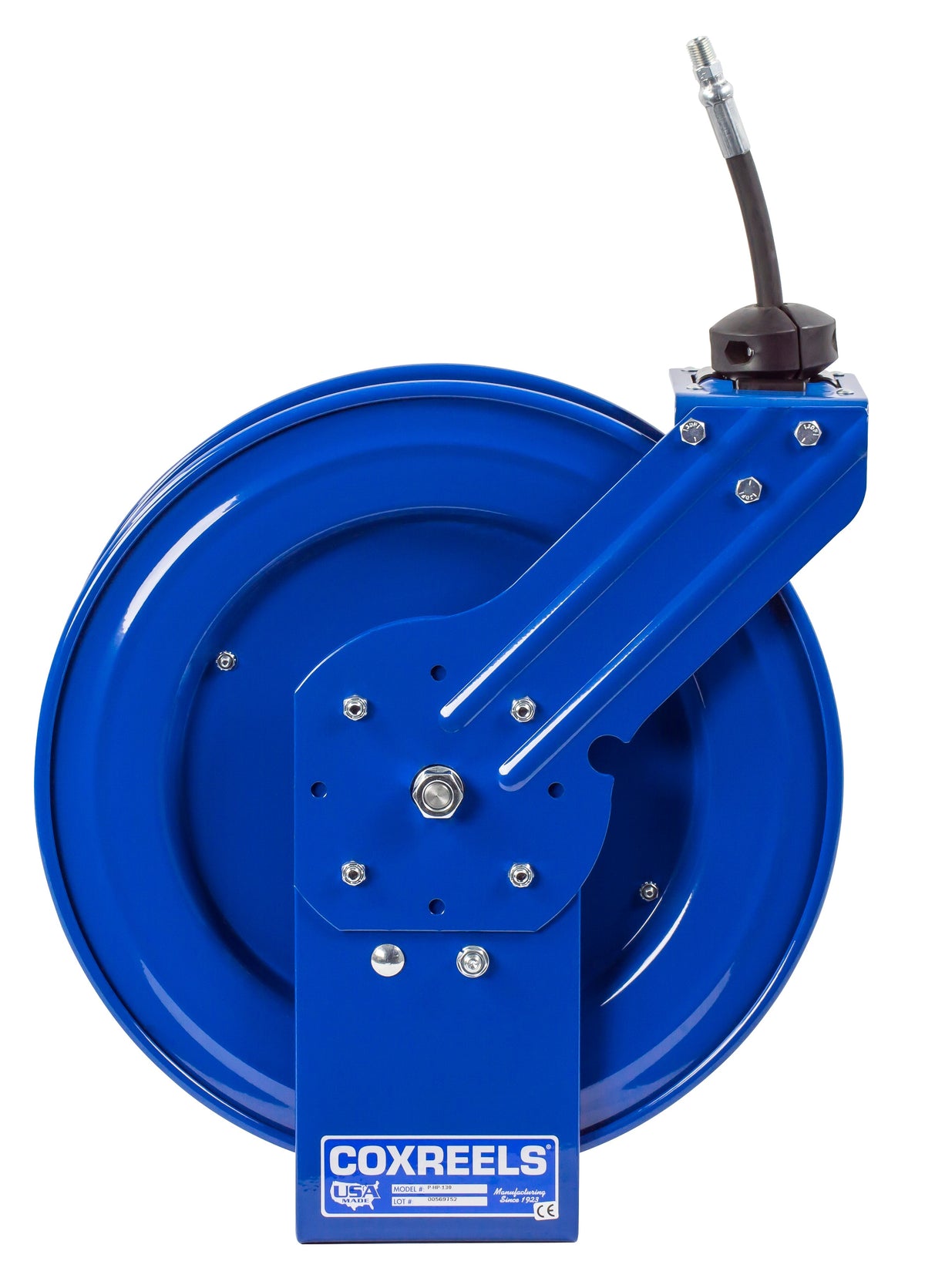 P-HP-320 by Coxreels | P Series | 4,000 PSI Spring Driven Hose Reel | 3/8" Hose ID, 3/8" FNPT Inlet x 3/8" MNPT Hose End | Steel | 20ft Rubber Hose Included