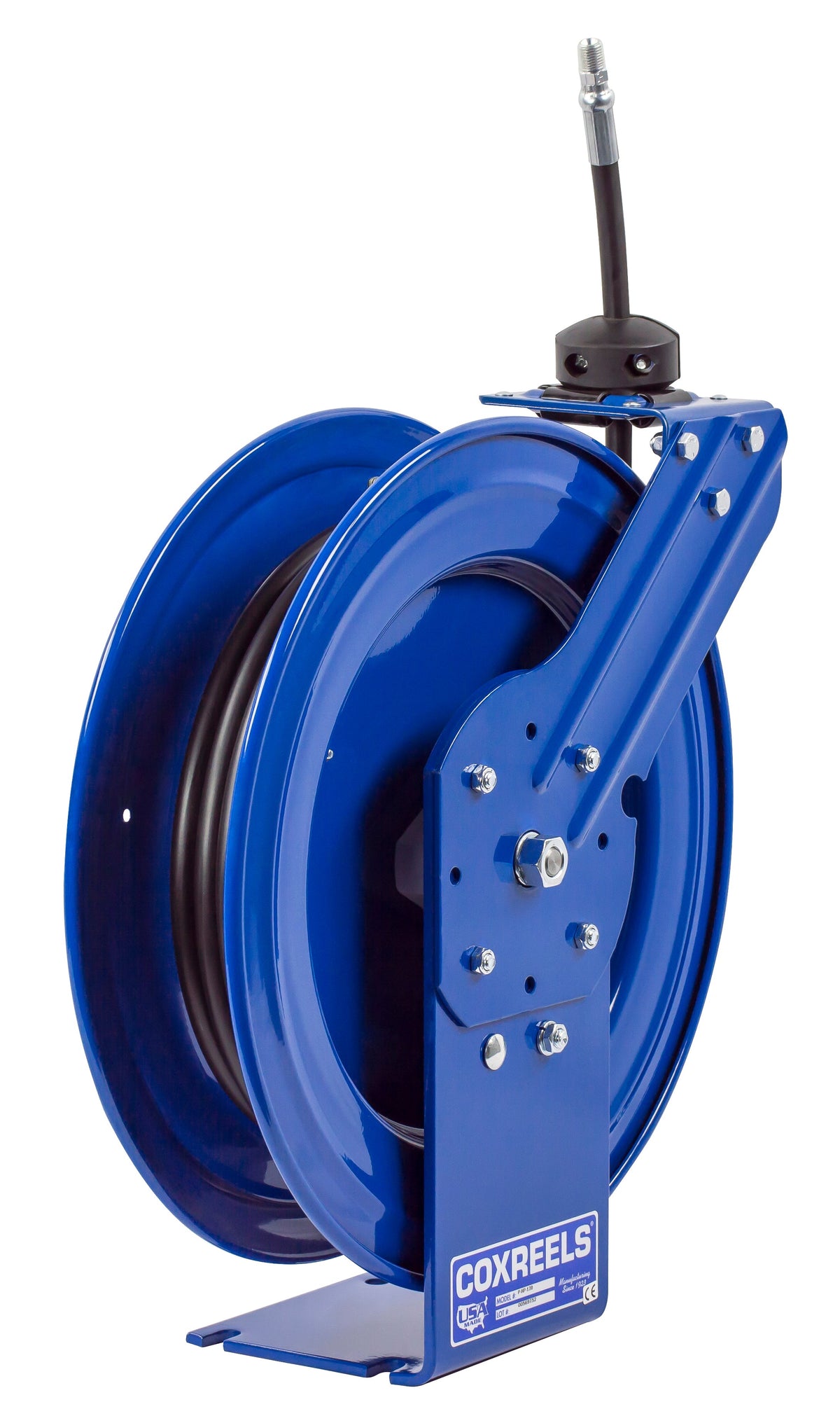 P-HP-320 by Coxreels | P Series | 4,000 PSI Spring Driven Hose Reel | 3/8" Hose ID, 3/8" FNPT Inlet x 3/8" MNPT Hose End | Steel | 20ft Rubber Hose Included