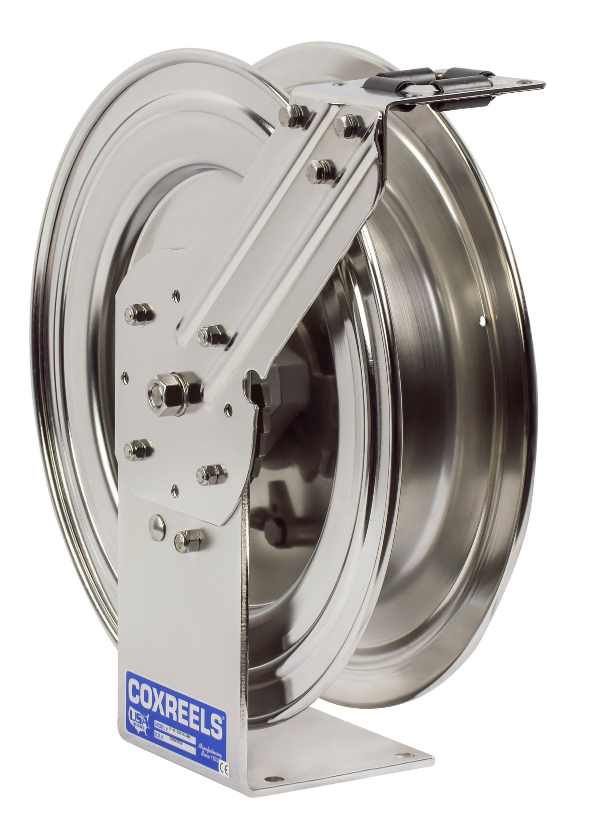 P-LPL-350-SS by Coxreels | P-SS Series | 300 PSI Spring Driven Hose Reel | 3/8" Hose ID, 3/8" FNPT Inlet | Stainless Steel | 50ft Capacity, Hose Not Included
