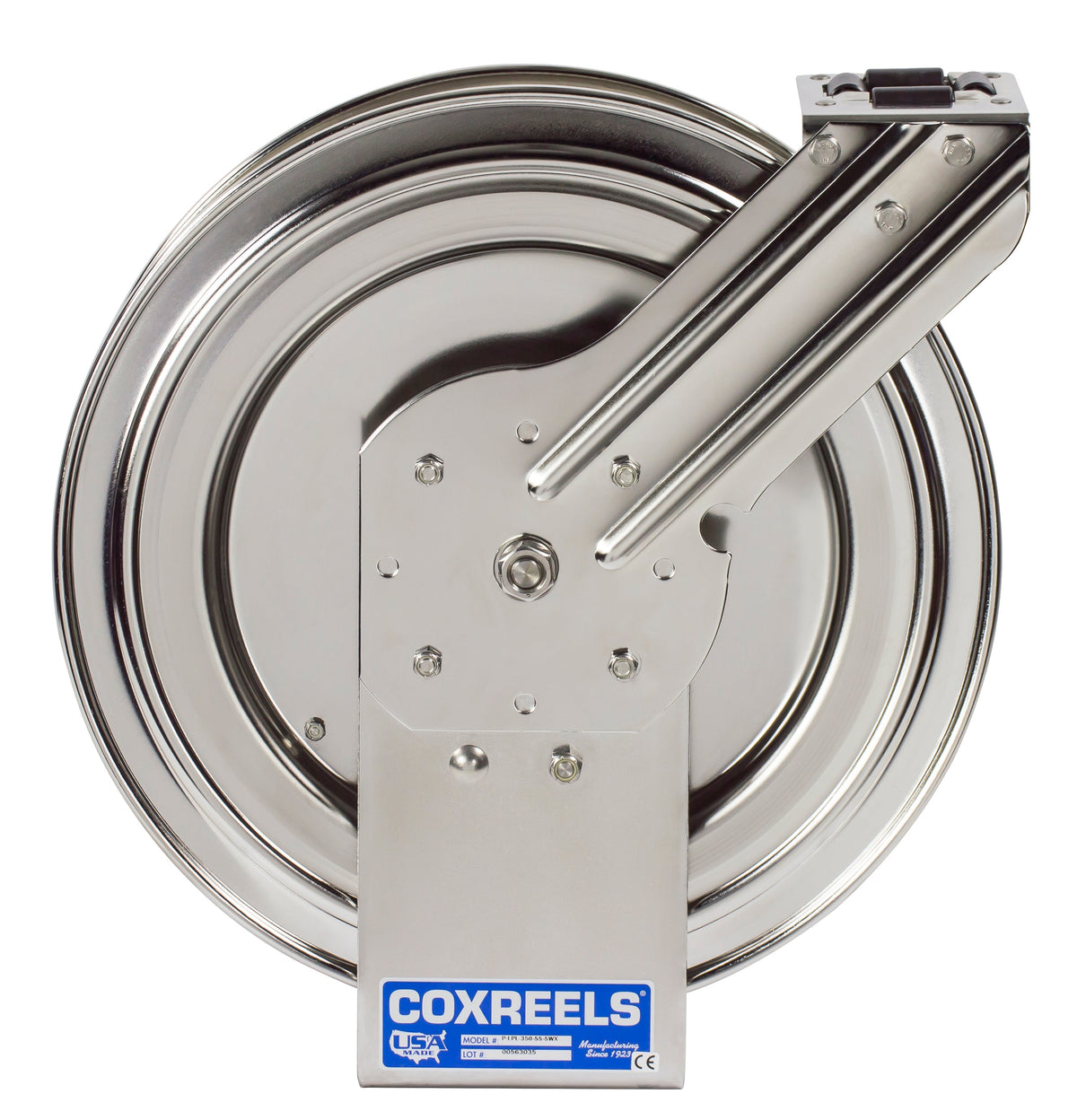 P-LPL-335-SS by Coxreels | P-SS Series | 300 PSI Spring Driven Hose Reel | 3/8" Hose ID, 3/8" FNPT Inlet | Stainless Steel | 35ft Capacity, Hose Not Included