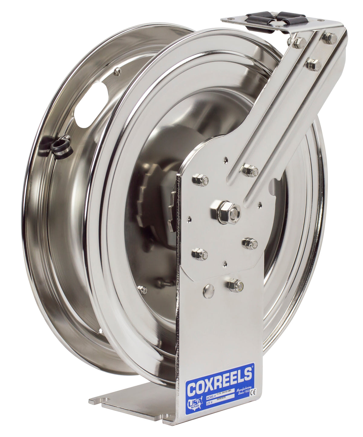 P-LPL-335-SS by Coxreels | P-SS Series | 300 PSI Spring Driven Hose Reel | 3/8" Hose ID, 3/8" FNPT Inlet | Stainless Steel | 35ft Capacity, Hose Not Included