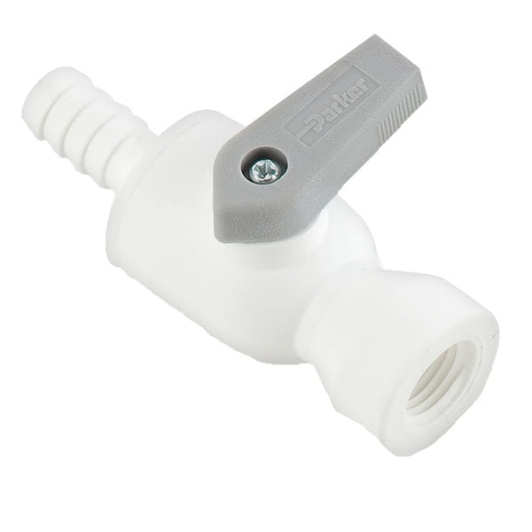 PBPP6VFC6 by Parker | Ball Valve | 3/8" Barb x 3/8" Female NPT Threads | 2.79" Length | Straight | White | Polypropylene