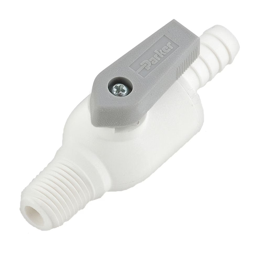 PBPP4VMC4 by Parker | Ball Valve | 1/4" Barb x 1/4" Male NPT Thread | 2.79" Length | Straight | White | Polypropylene