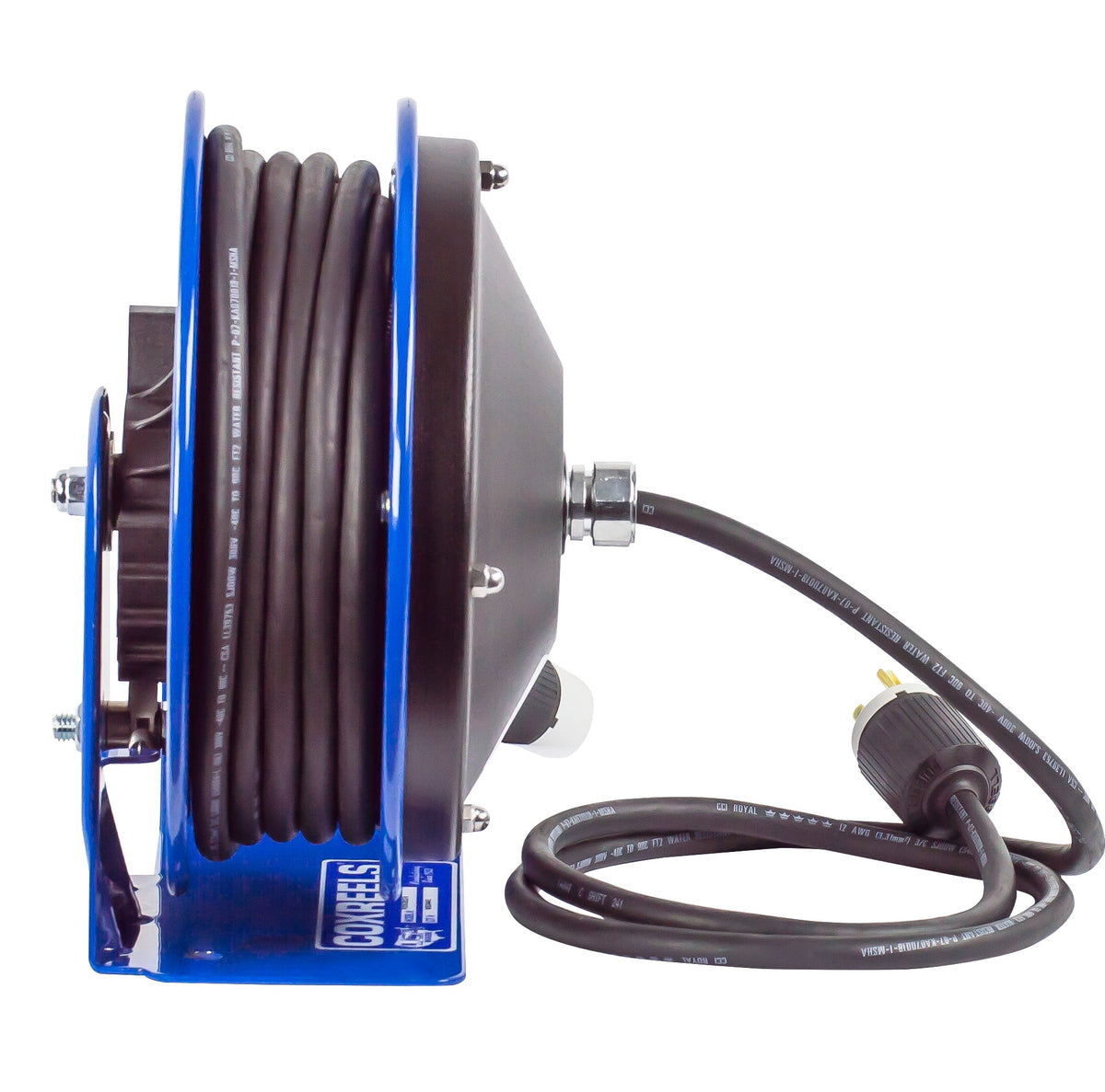 PC10-3012-A by Coxreels | PC10 Series | Spring Driven Power Cord Reel with Single Industrial Receptacle | 12/3 SJO Cord, 20A, 115V | Steel | 30ft Cord Included
