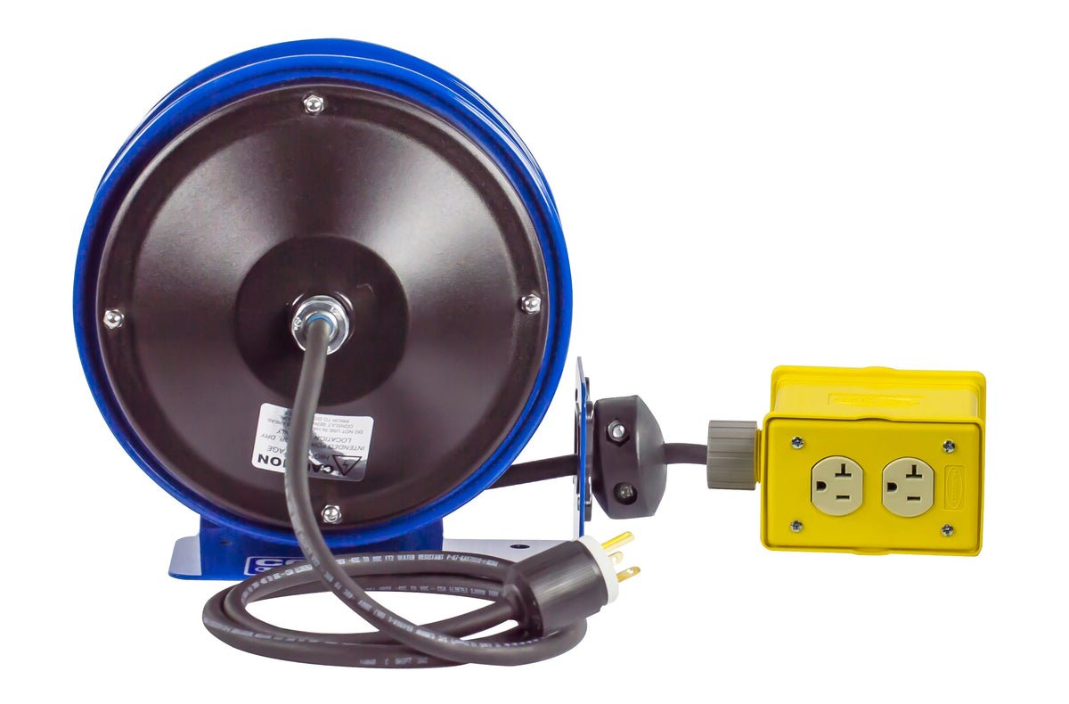 PC10-3012-B by Coxreels | PC10 Series | Spring Driven Power Cord Reel with Quad Industrial Receptacle | 12/3 SJO Cord, 20A, 115V | Steel | 30ft Cord Included