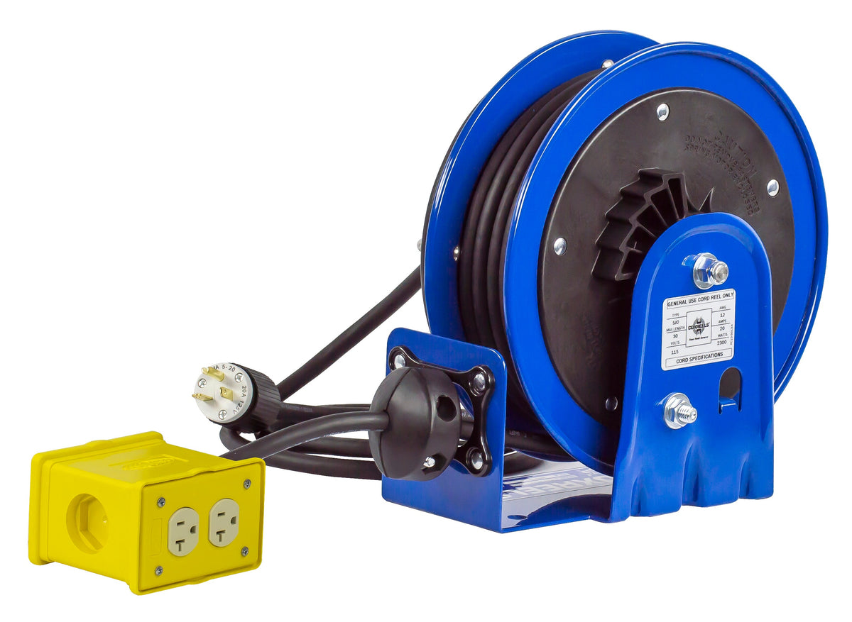PC10-3012-B by Coxreels | PC10 Series | Spring Driven Power Cord Reel with Quad Industrial Receptacle | 12/3 SJO Cord, 20A, 115V | Steel | 30ft Cord Included