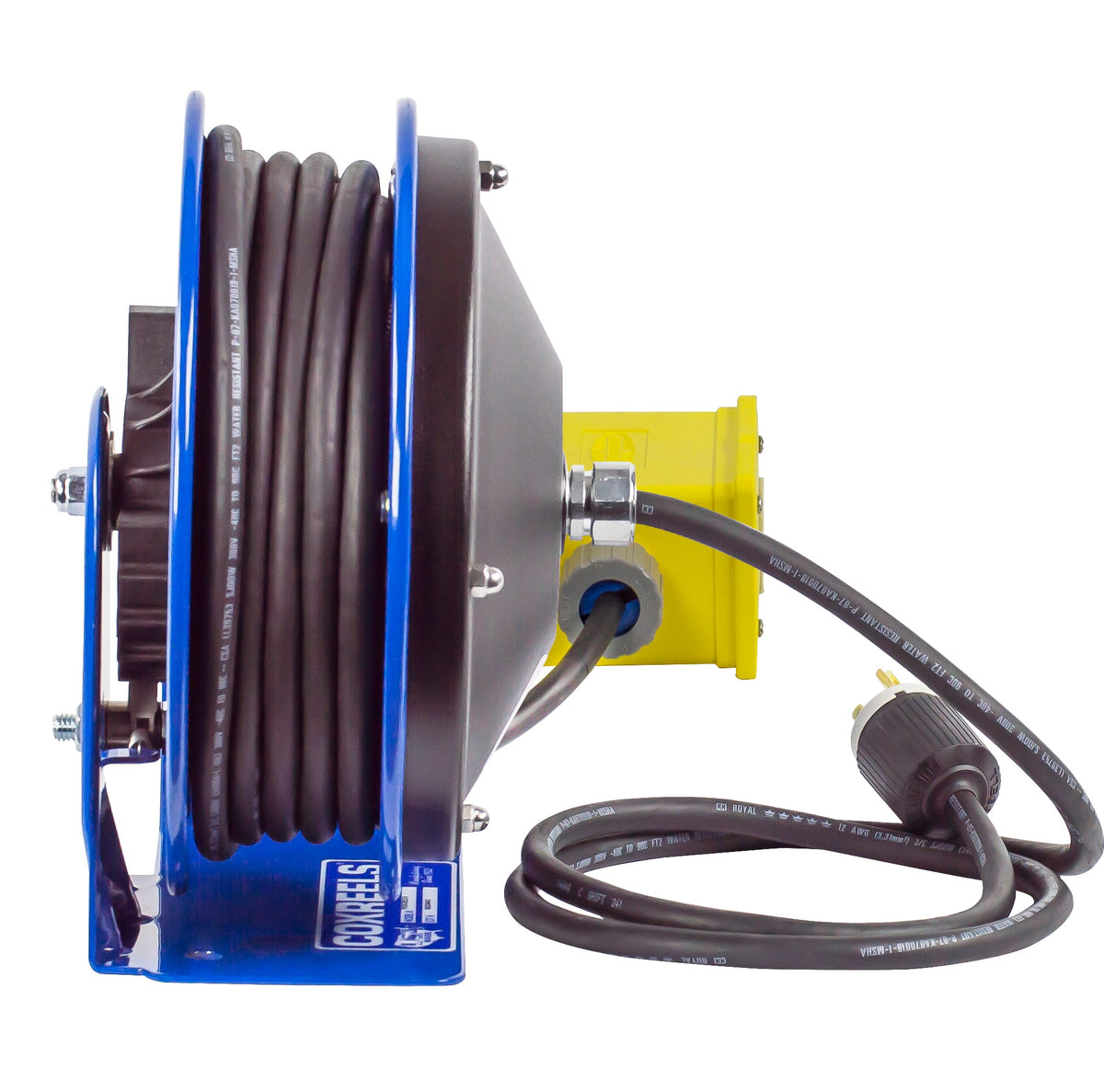 PC10-3012-B by Coxreels | PC10 Series | Spring Driven Power Cord Reel with Quad Industrial Receptacle | 12/3 SJO Cord, 20A, 115V | Steel | 30ft Cord Included