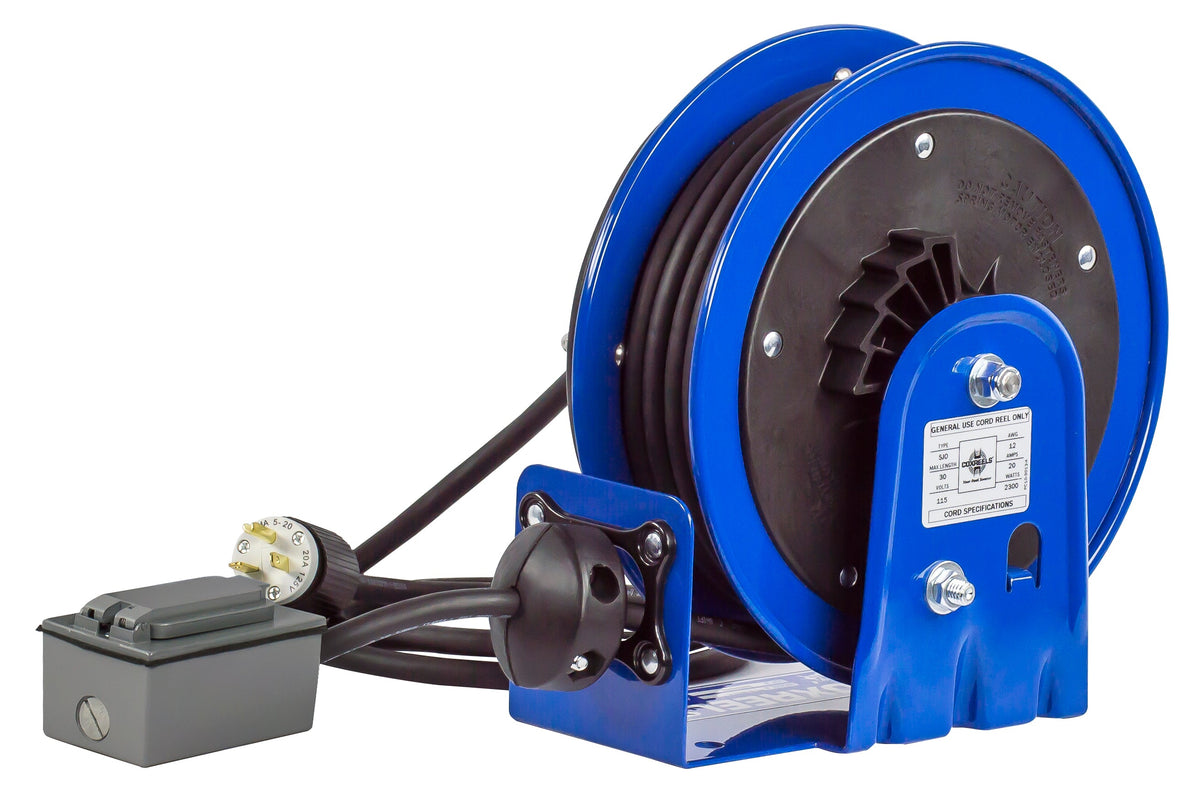 PC10-3016-F by Coxreels | PC10 Series | Spring Driven Power Cord Reel with Duplex GFCI Receptacle | 16/3 SJO Cord, 13A, 115V | Steel | 30ft Cord Included