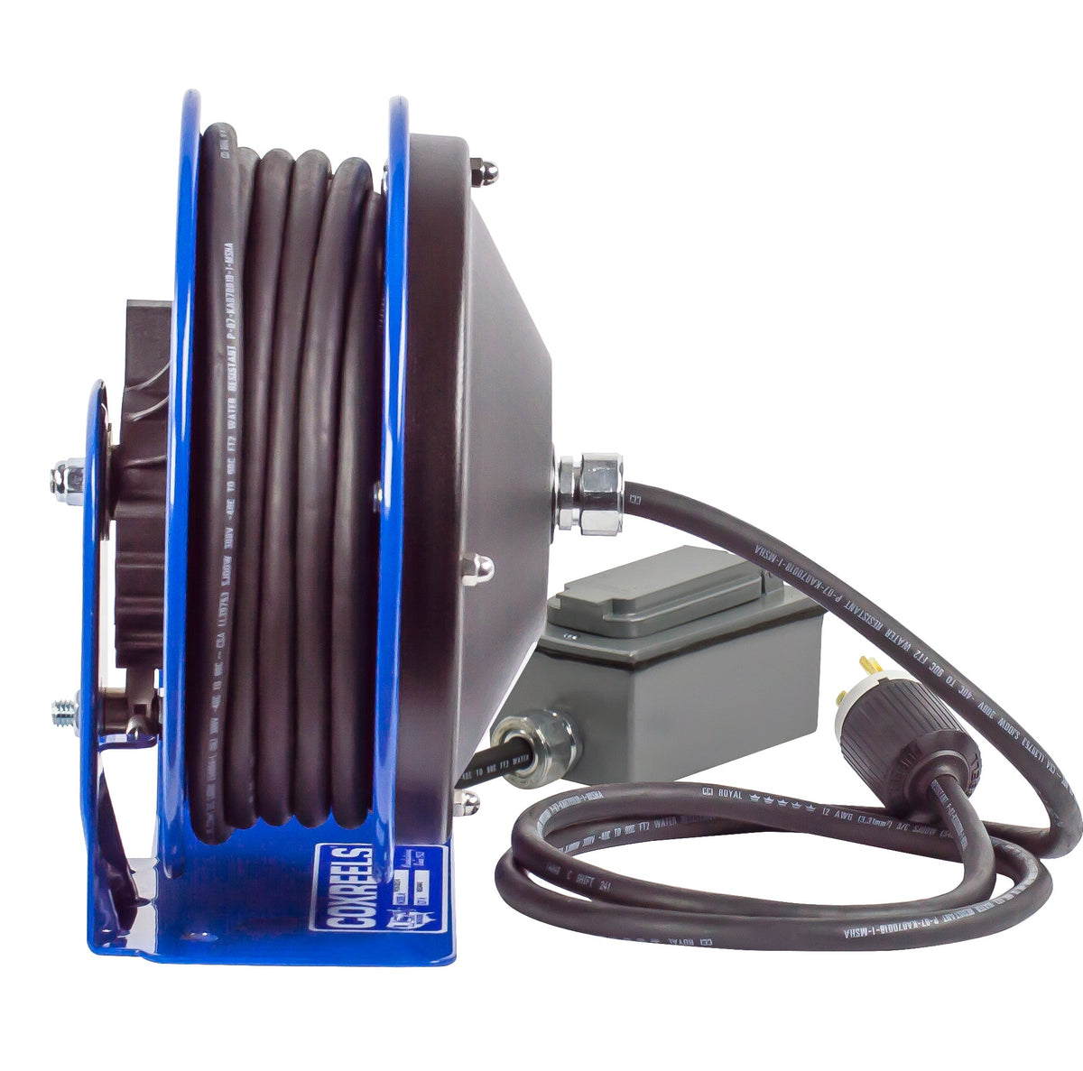 PC10-3012-F by Coxreels | PC10 Series | Spring Driven Power Cord Reel with Duplex GFCI Receptacle | 12/3 SJO Cord, 20A, 115V | Steel | 30ft Cord Included