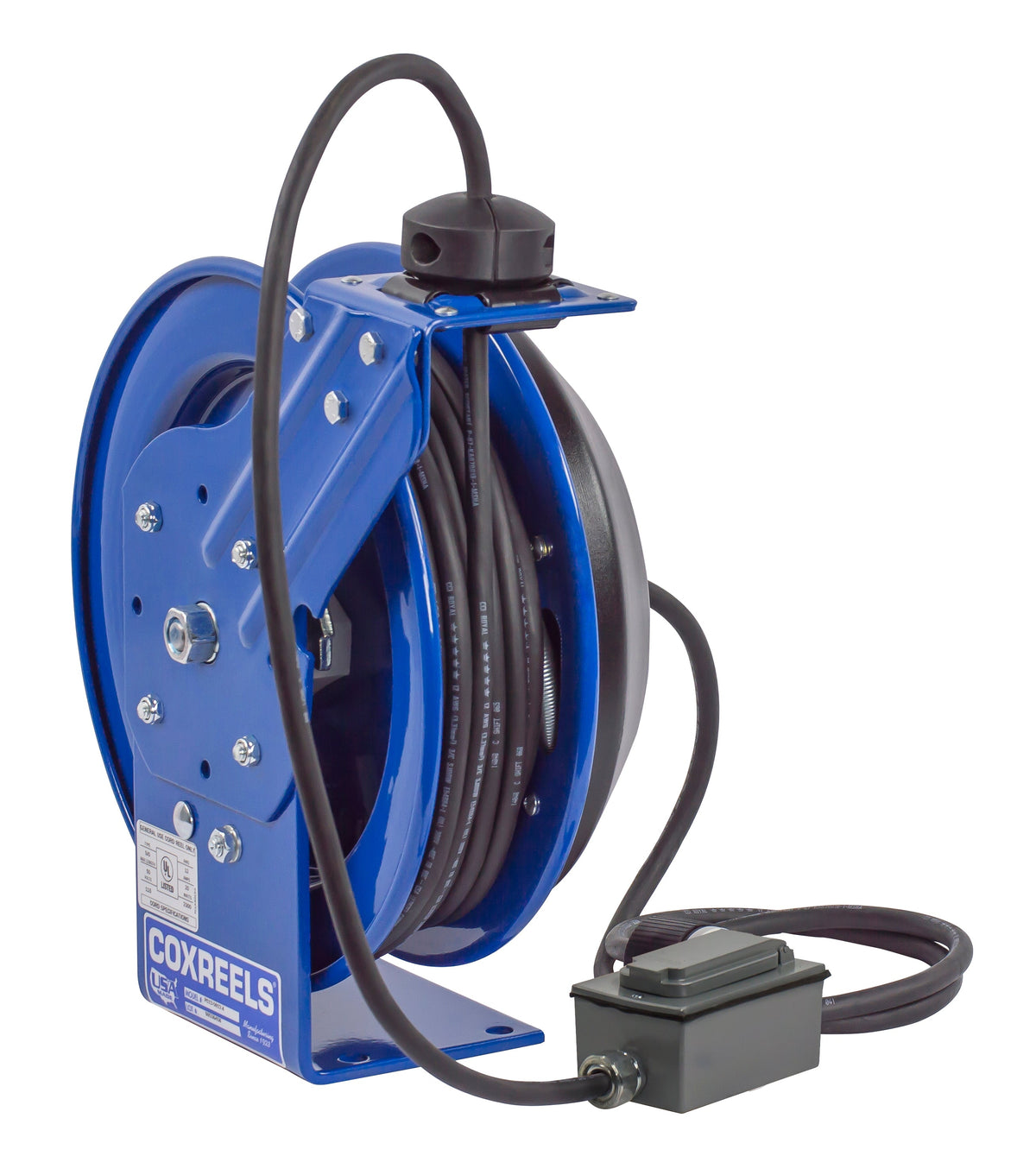 PC13-3516-F by Coxreels | PC Series | Spring Driven Power Cord Reel with Duplex Industrial Receptacle | 16/3 SJO Cord, 13A, 115V | Steel | 35ft Cord Included