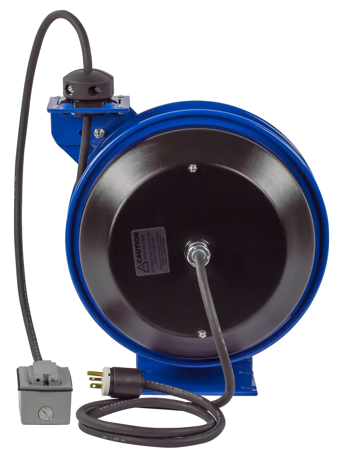 PC13-5012-F by Coxreels | PC Series | Spring Driven Power Cord Reel with Duplex Industrial Receptacle | 12/3 SJO Cord, 20A, 115V | Steel | 50ft Cord Included
