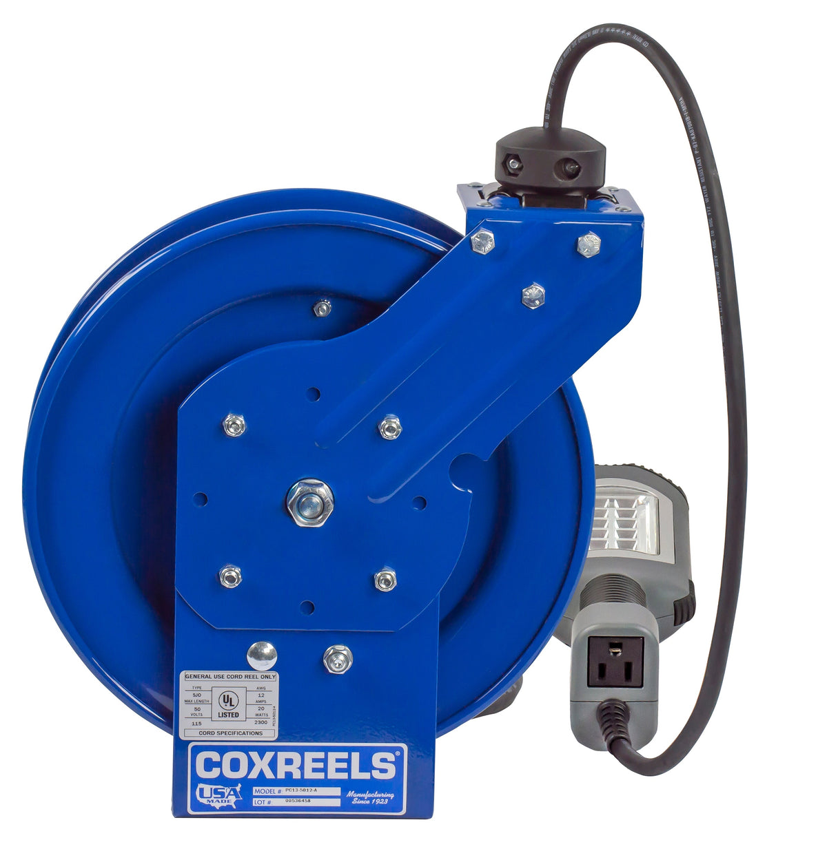 PC13-5016-K by Coxreels | PC Series | Spring Driven Power Cord Reel with LED Light with Tool Tap | 16/3 SJTO Cord, 13A, 115V | Steel | 50ft Cord Included