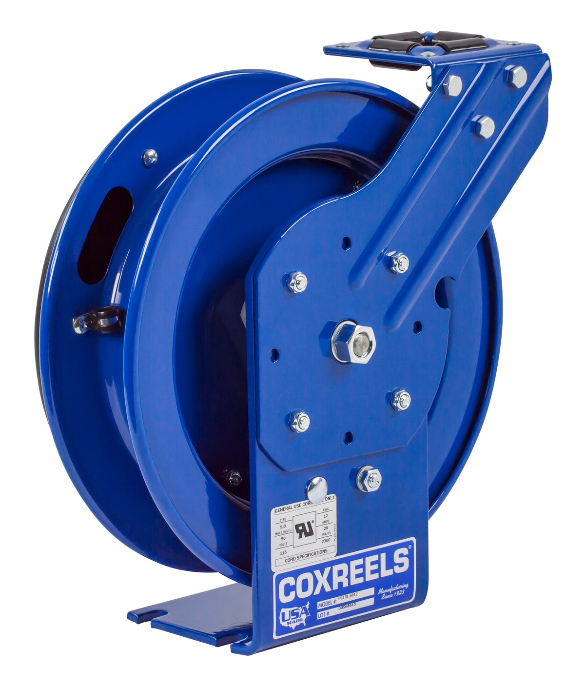 PC13L-5012 by Coxreels | PC Series | Spring Driven Cord Reel | 12/3 SJO Cord, 25A, 115V | Steel | 50ft Capacity, Cord Not Included