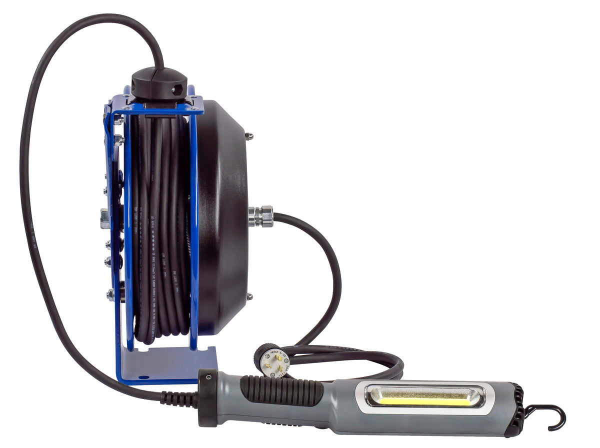 PC13-5016-M by Coxreels | PC Series | Spring Driven Power Cord Reel with Compact LED Light | 16/3 SJTO Cord, 13A, 115V | Steel | 50ft Cord Included