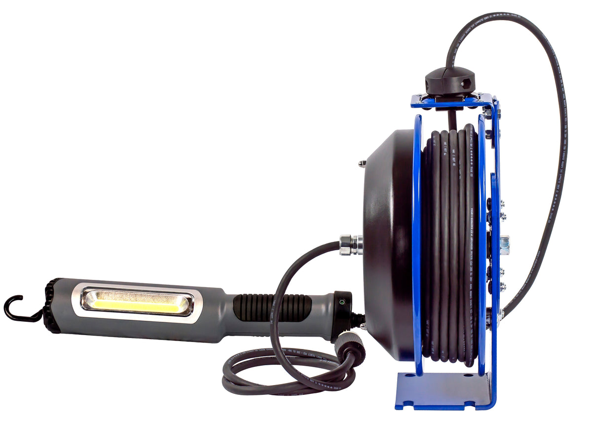 PC13-5016-M by Coxreels | PC Series | Spring Driven Power Cord Reel with Compact LED Light | 16/3 SJTO Cord, 13A, 115V | Steel | 50ft Cord Included