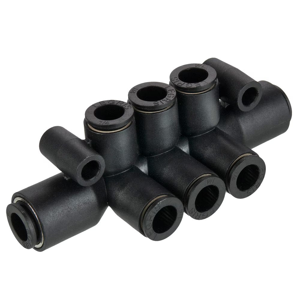 24PLPD-6-4 by Parker | Prestolok PLP Composite Push-to-Connect Fittings | Tube to Tube Fittings | 3/8" to 1/4" Manifold Tube Size | 3.31" Length (L) | .17" Mounting Hole Diameter | Multiple Tee | Glass-Reinforced Nylon | Pack of 5