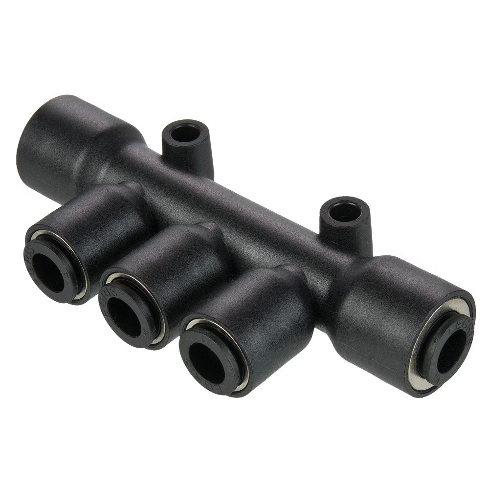 24PLP-8M-4M by Parker | Prestolok PLP Composite Push-to-Connect Fittings | Tube to Tube Fittings | 8mm to 4mm Double Manifold Tube Size | 74mm Length (L) | 4.2mm Mounting Hole Diameter | Multiple Tee | Glass-Reinforced Nylon | Pack of 10