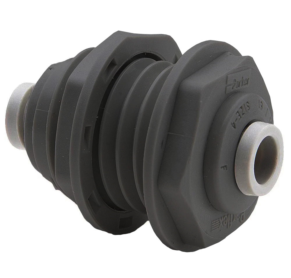 PPB6BU4-MG by Parker | TrueSeal™ Bulkhead Union | 3/8"-1/4" Push-to-Connect | 1.75" Length | Straight | Black | Polypropylene