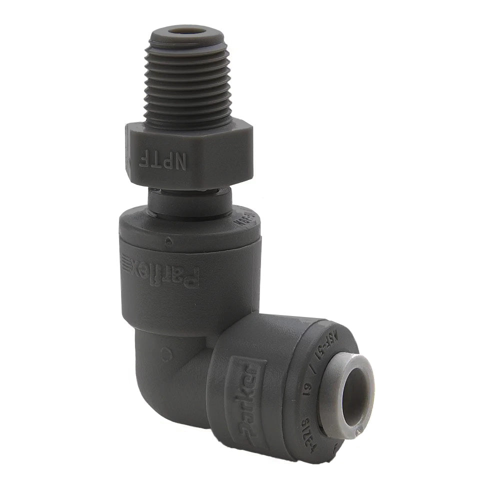 PPB6MES4-MG by Parker | TrueSeal™ Threaded Fittings | 3/8" Swivel Tube OD x 1/4" Male NPTF Thread | 90° Elbow | Black | Polypropylene