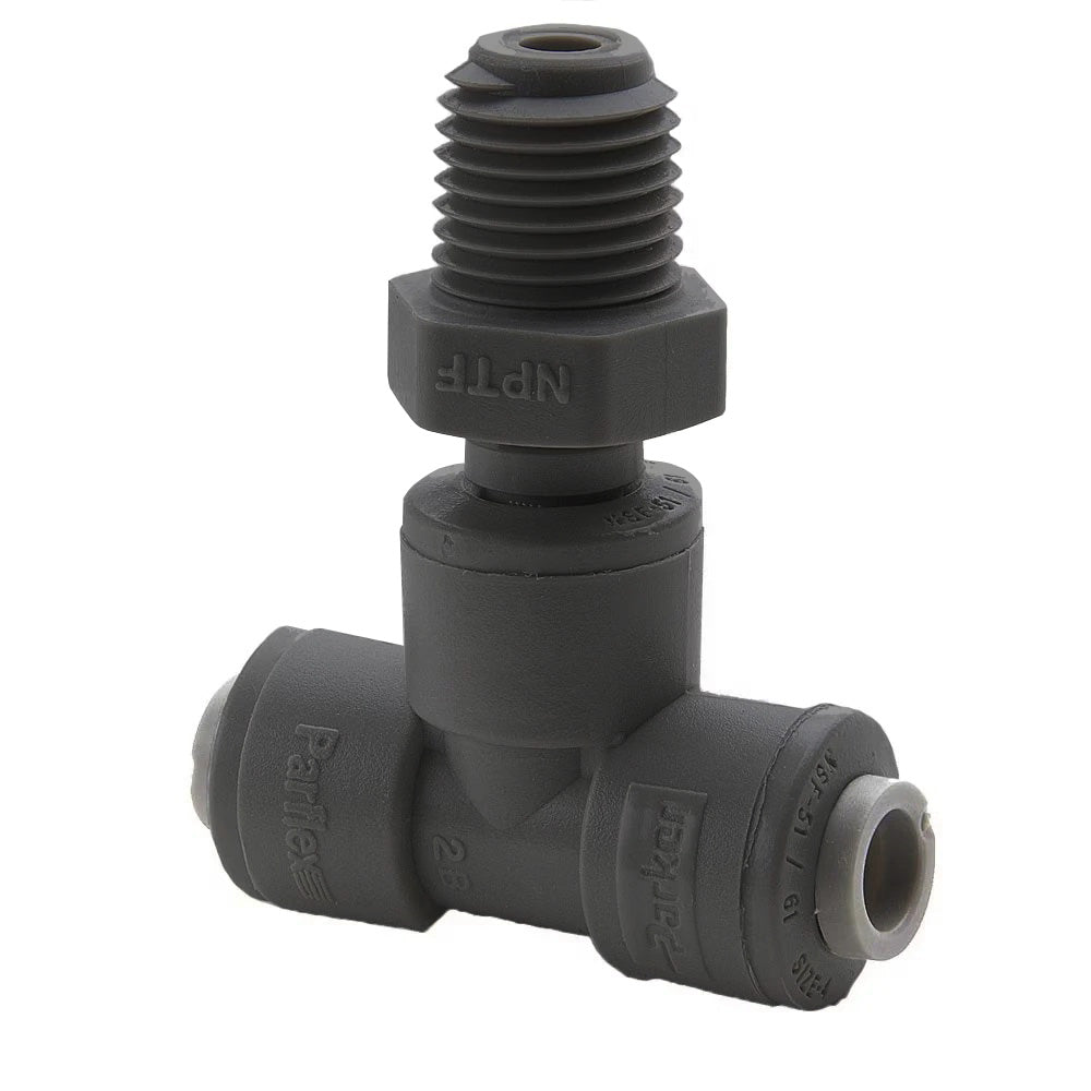 PPB4MTS4-MG by Parker | TrueSeal™ Threaded Fittings | 1/4" Swivel Tube OD x 1/4" Male NPTF Thread | 2.05" Length | Tee | Black | Polypropylene