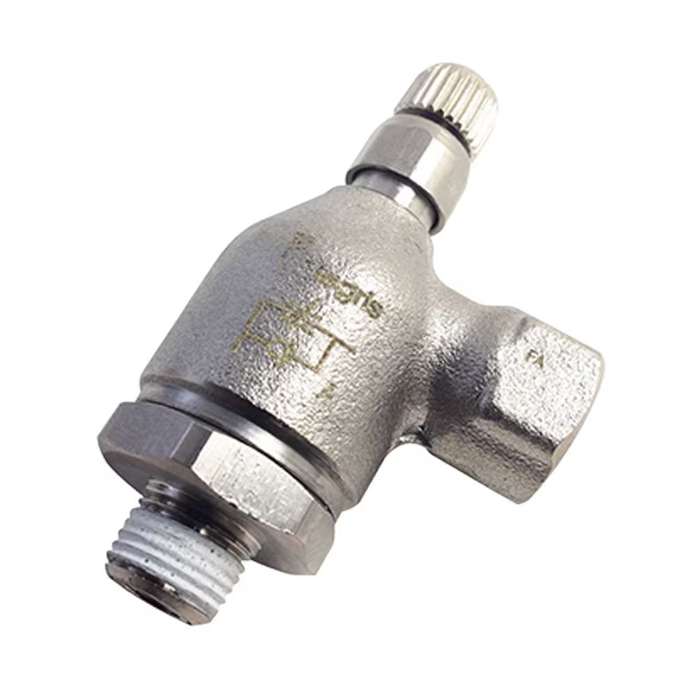 7115 11 11 by Parker | Legris Metal Flow Control | 1/8" Male NPT Thread x 1/8" Female NPT Thread | 19mm Hex (F) | 10mm Hex (F1) | 90° Elbow | Nickel-Plated Brass | Pack of 5