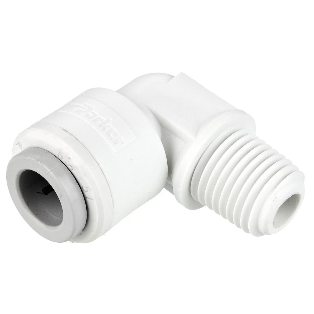 PP6ME6 by Parker | TrueSeal™ Threaded Fittings | 3/8" Push-to-Connect x 3/8" Male NPTF Thread | 90° Elbow | White | Polypropylene