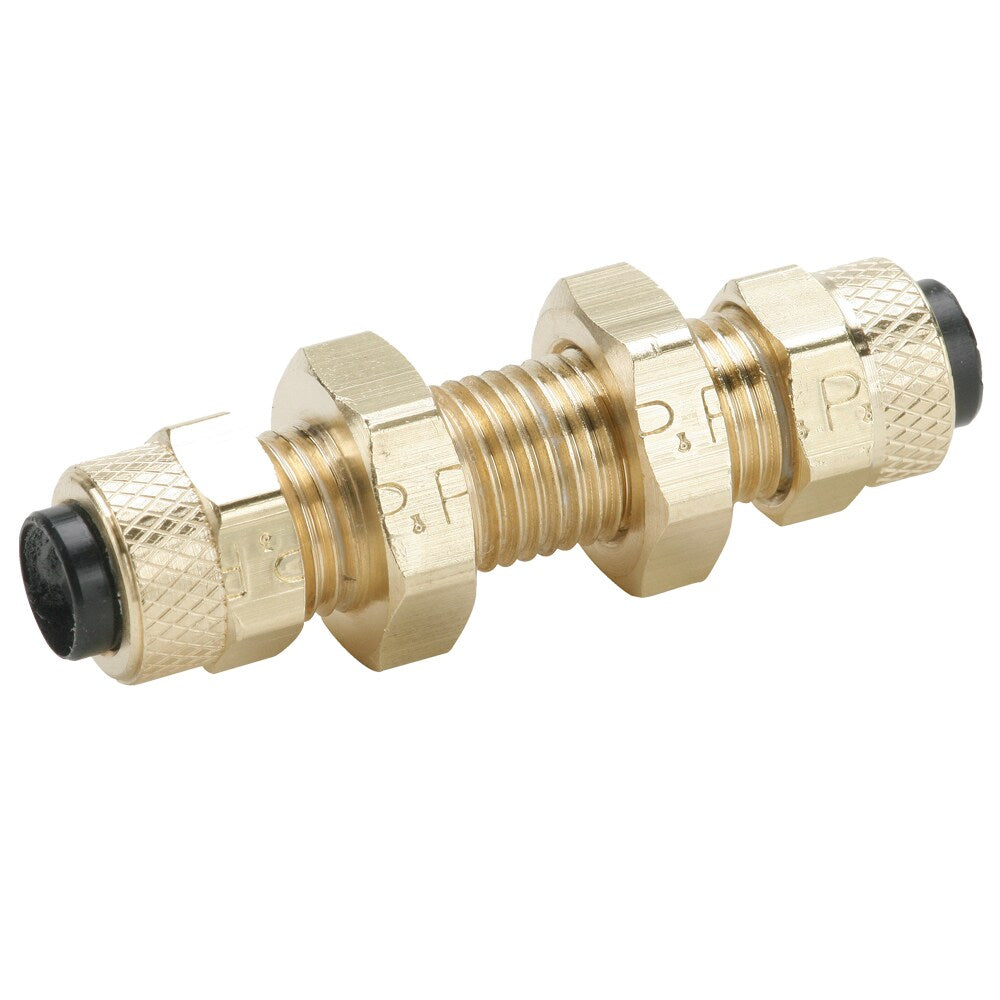 62PBH-8 by Parker | Poly-Tite Fittings | Bulkhead Union | 1/2" Tube Size x 11/16" Thread | 7/8 Hex | 2.28" Length | Straight | Brass | Pack of 10