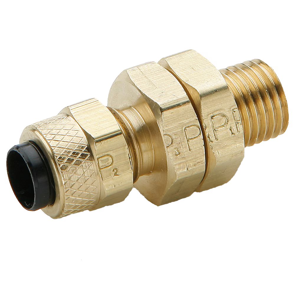 62PTBH-6 by Parker | Poly-Tite Fittings | Bulkhead Union | 3/8" Tube Size x 1/2" Thread | 11/16" Hex | 1.26" Length | Straight | Brass | Pack of 10